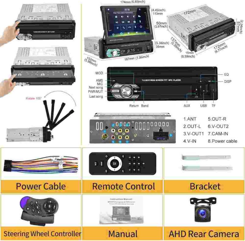 مانیتور ماشین Podofo Single Din Carplay با دوربین پشتیبان بلوتوث AHD، صفحه نمایش لمسی 7 اینچی MP5 Player - Image 3