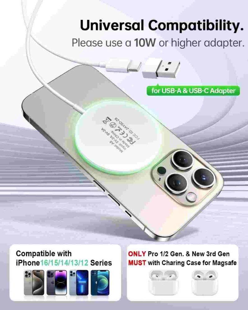 شارژر مغناطیسی AMSKY سازگار با Apple Magsafe، شارژر بی‌سیم ۱۵ واتی برای آیفون، شارژر سفید - Image 2
