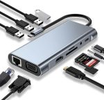 هاب USB-C یازده کاره USHB TW11A - دارای پورت‌های HD-MI، VGA، RJ45، USB3، USB2 3، SD، TF، Power Delivery