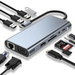 هاب USB-C یازده کاره USHB TW11A - دارای پورت‌های HD-MI، VGA، RJ45، USB3، USB2 3، SD، TF، Power Delivery